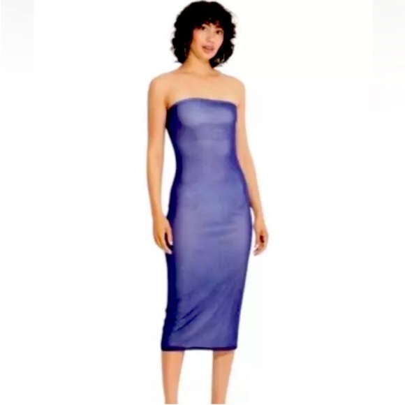 🆕 Wild Fable Strapless Mesh Blue Overlay Midi Dress Size M & XL Avail | NWT - Picture 4 of 8